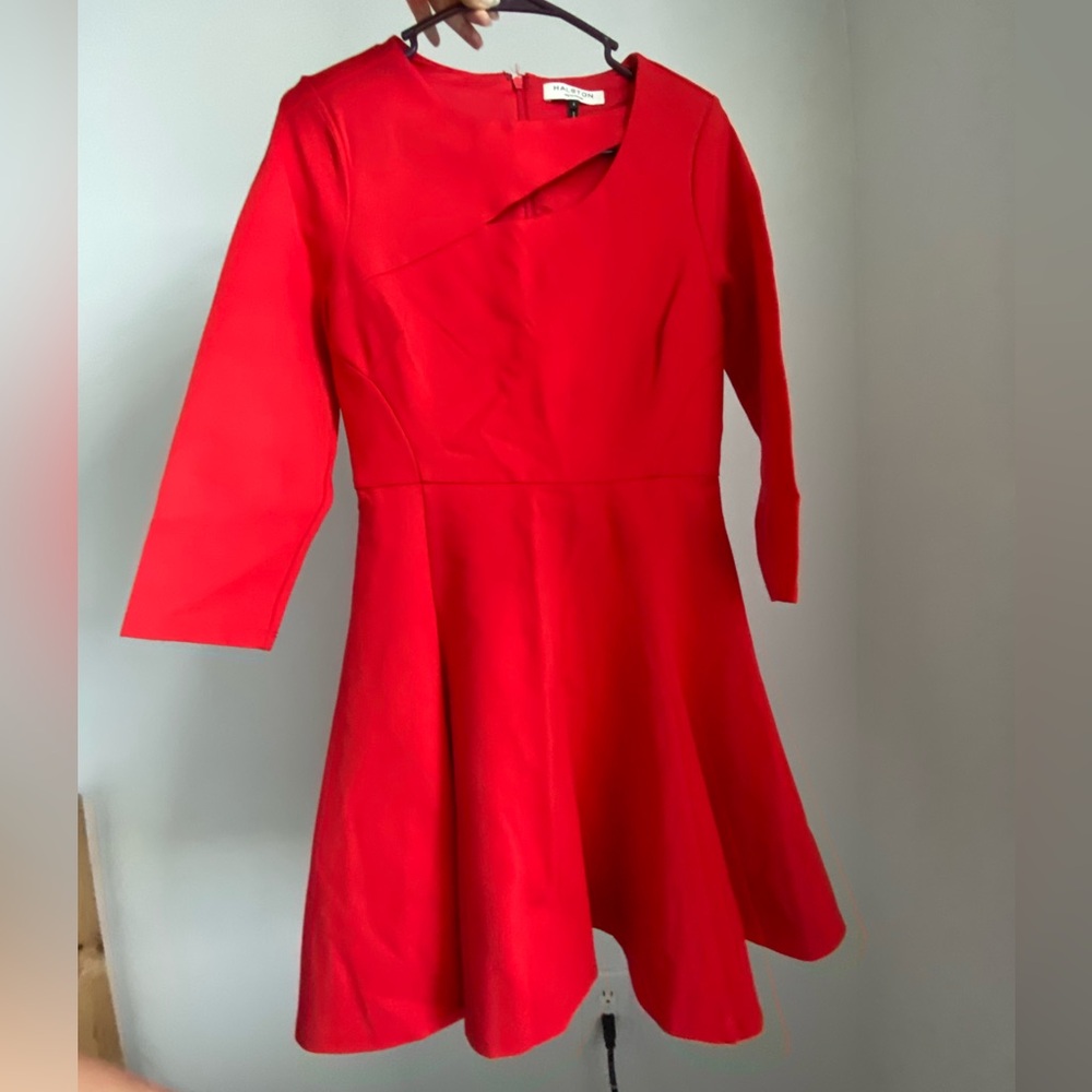 Halston Heritage Red Cut Out Bateau Neckline knee length Dress 3/4 Sleeve US 4 - Picture 2 of 16